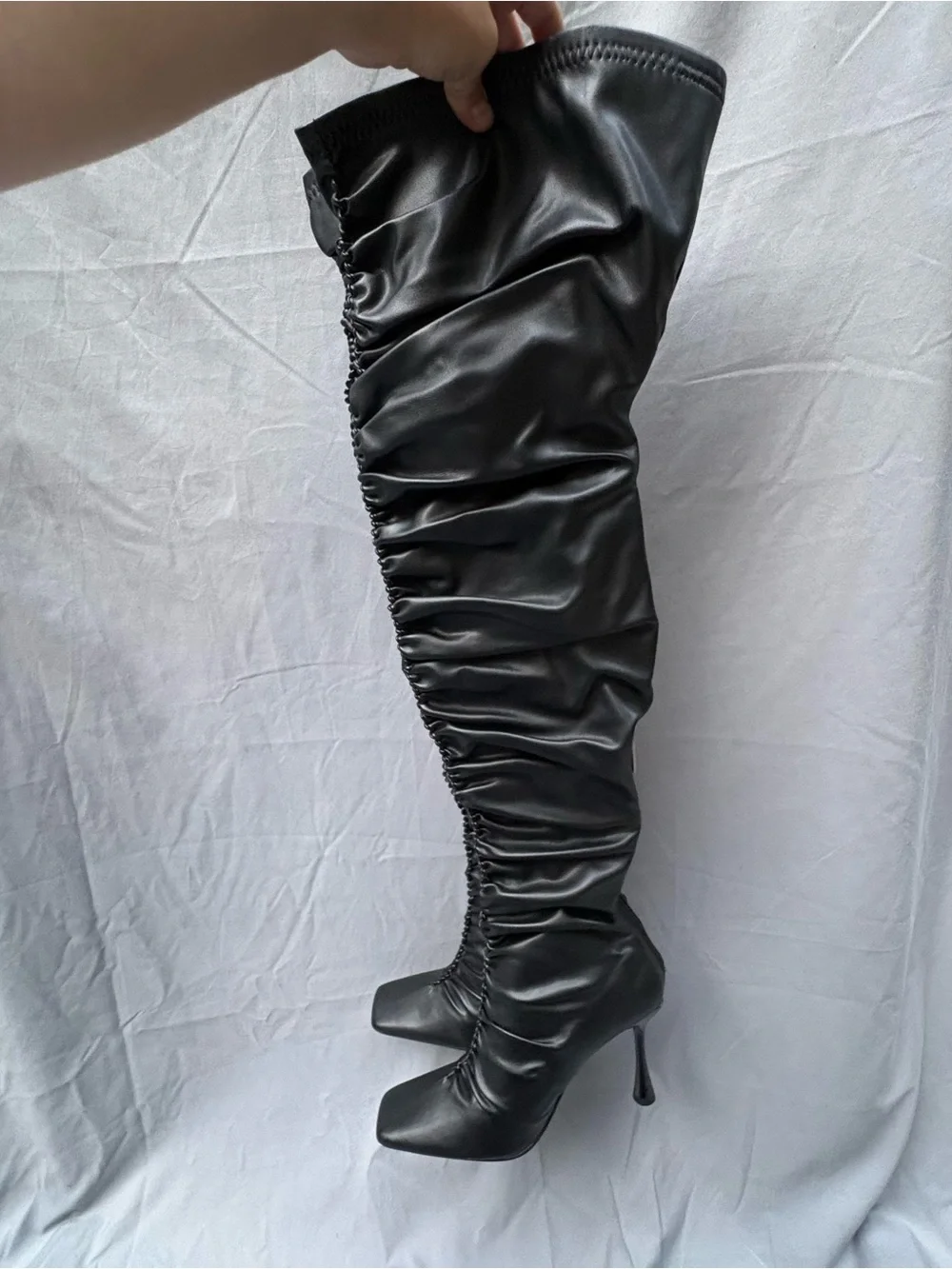 NWOB Cape Robbin Black Ruched Over-the-Knee Thigh High Stiletto Boots